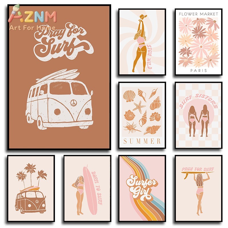 Watercolor Poster Print - Boho Beach Surfer Girls Modern Surfboard