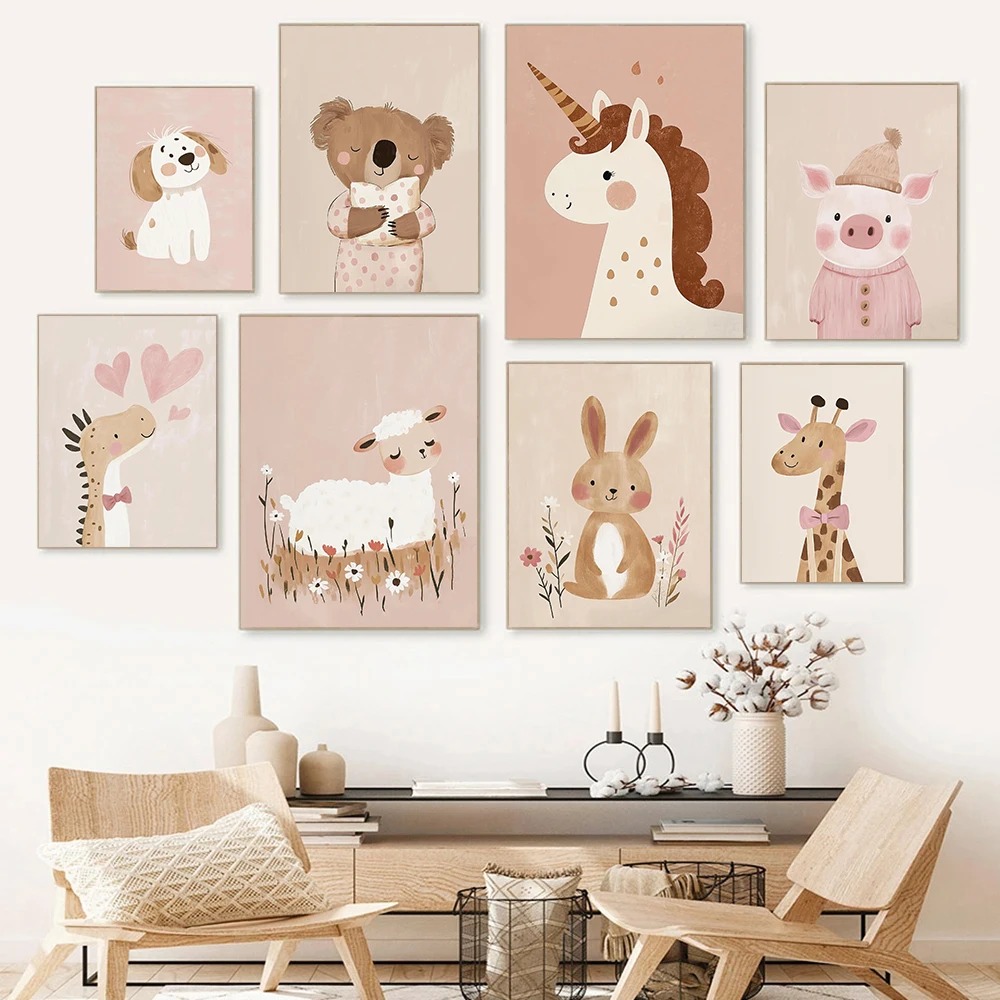 Nordic Pink Cute Cartoon Anima - Watercolor Poster Print 评论和价格