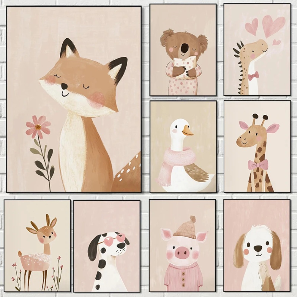 Nordic Pink Cute Cartoon Anima - Watercolor Poster Print 评论和价格