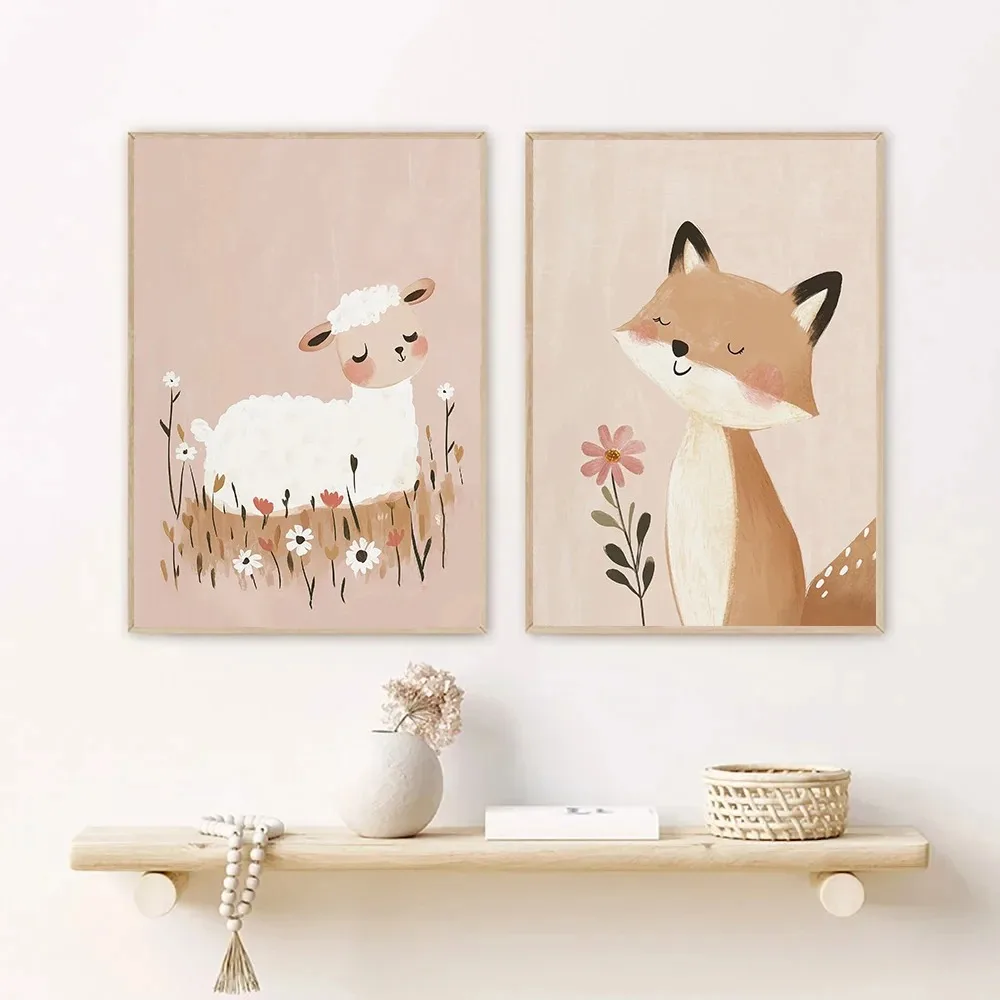 Nordic Pink Cute Cartoon Anima - Watercolor Poster Print 评论和价格