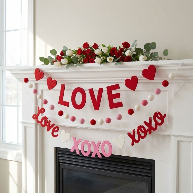 2026 New Red Pink Heart Felt G - Home Decor Garland 评论和价格