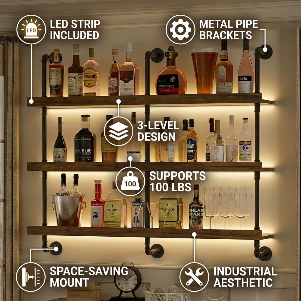 Wall Mounted Wine Rack With LE - Floating Shelves 评论和价格