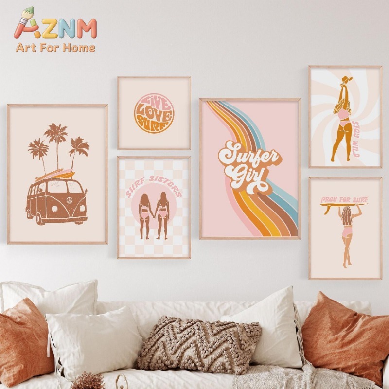 Boho Beach Surfer Girls Modern - Watercolor Poster Print 评论和价格